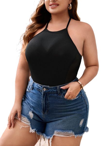 

plus solid halter bodysuit z19j#, Black