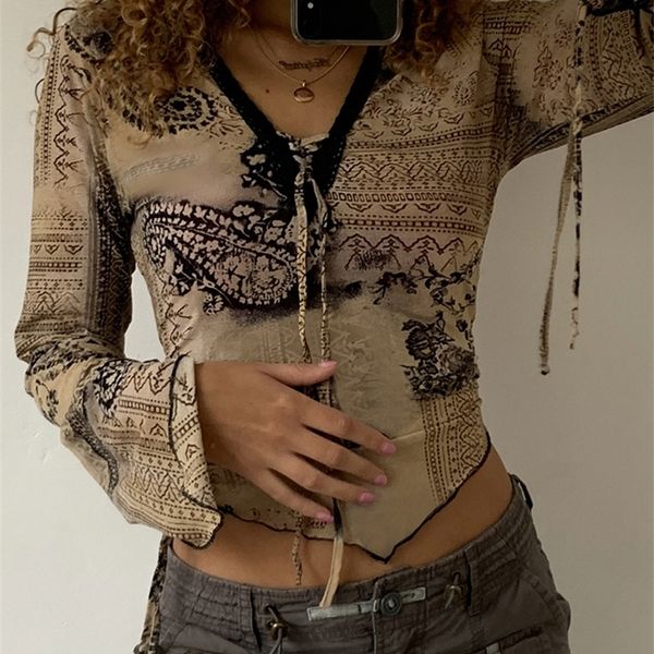 

rockmore fairy grunge print crop women's flare sleeve tshirts aesthetic retro harajuku tie up v-neck tee 90s vintage clothes 220321, White