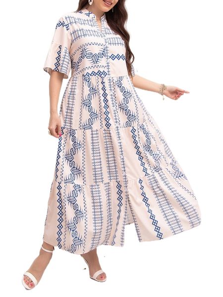 

plus random geo print flounce sleeve ruffle hem dress r1m9#, Black