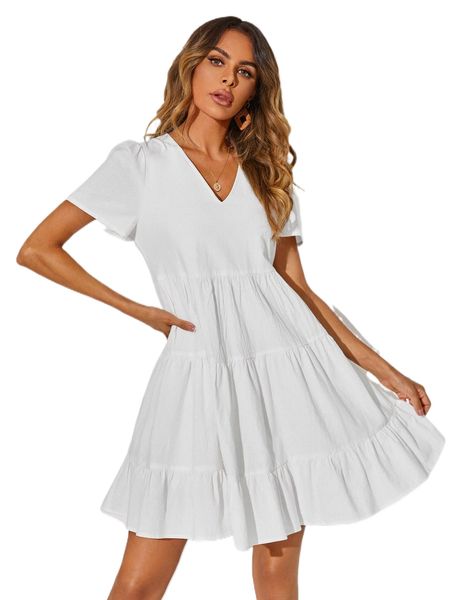 

v-neck puff sleeve ruffle hem dress e10b#, Black;gray