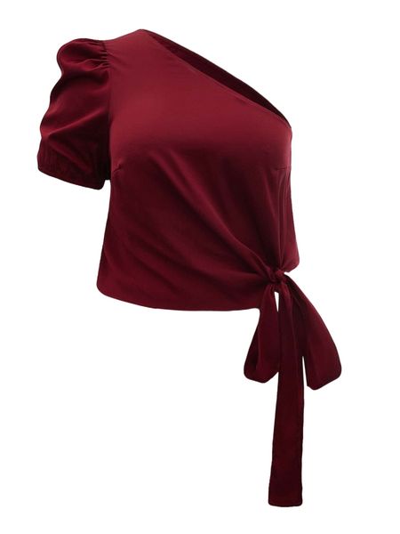 

plus one shoulder puff sleeve knot side e3qq#, Black