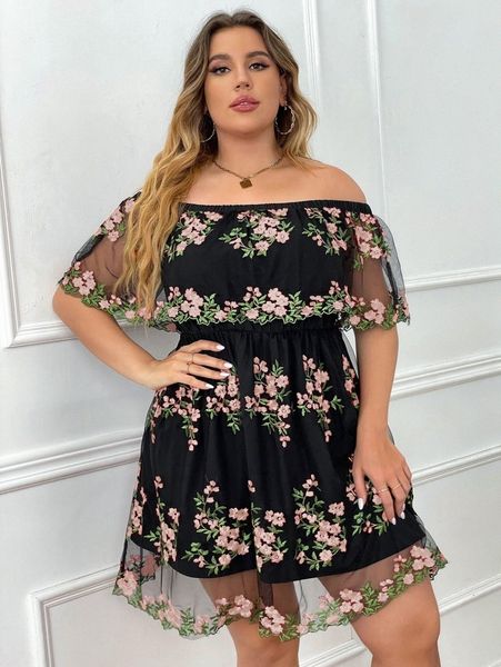 

plus off shoulder floral embroidery mesh dress k8or#, Black