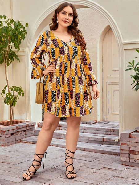 

plus ditsy floral patchwork print flounce sleeve dress l39d#, Black