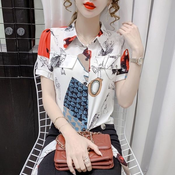 

2022 summer fashion printed short sleeve shirt women, White