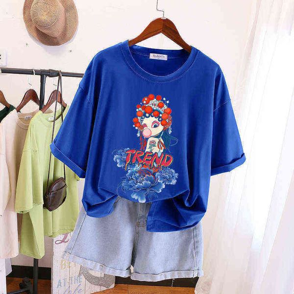 

brand designer t shirt baihui 100% cotton -6xl peking opera print tshirt short sleeve women's summer couple o neck oversized s, Gray