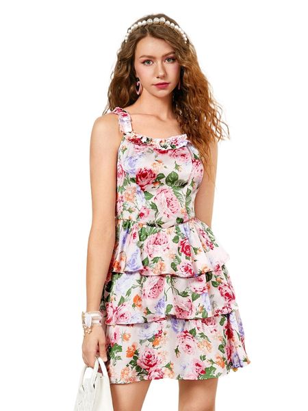 

f.loral p.rint l.ayered hem d.ress y6u3#, Black;gray