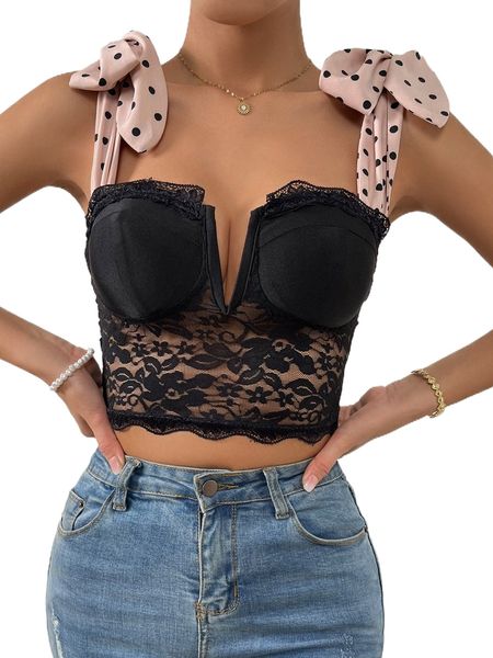 

polka dot print tie shoulder v wired bustier lace cami l6vb#, White