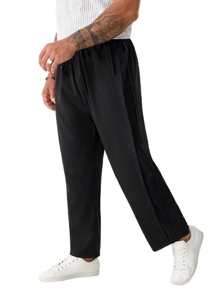 

extended sizes men solid slant pocket pants y722#, Black