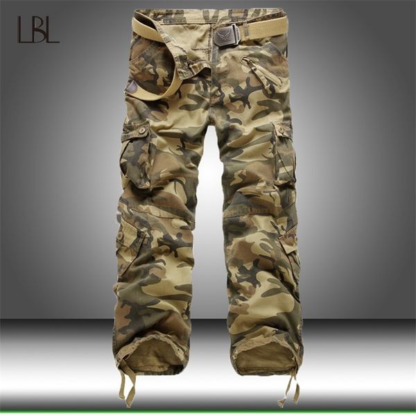 Calça tática Men estilo militar camuflage muitas calças de bolso masculino masculino calça de algodão masculino machado de streetwear ao ar livre 201126