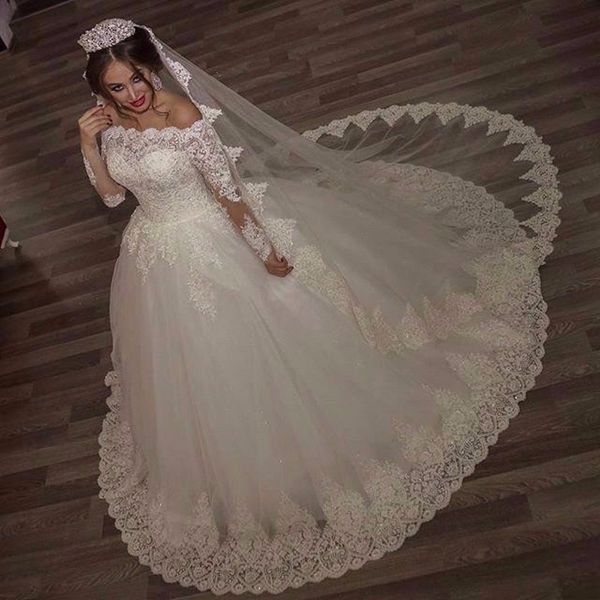 

robes de mariee boat neck princesse lace applique wedding dress ball gown long sleeve bride dress with veil, White