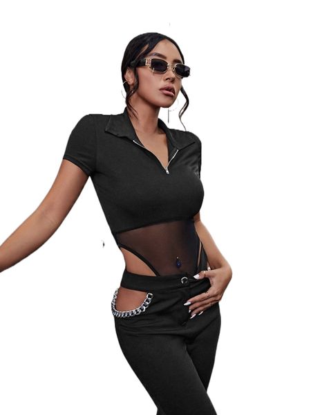 

contrast mesh zip front tee bodysuit v5ts#, White