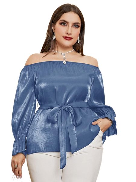 

plus flounce sleeve off shoulder belted satin blouse j2ng#, Black