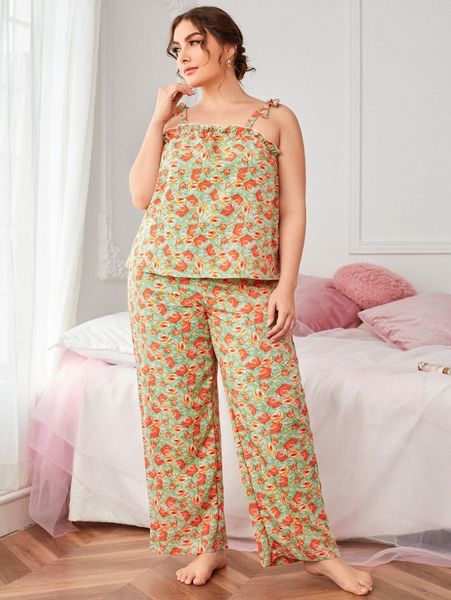 

plus allover floral knot shoulder pj set n2fx#, Black;white