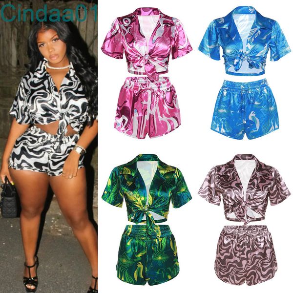 

summer womens two piece pants suit designer printed short sleeved lapel loose set casual bandage shorts outfits, Gray
