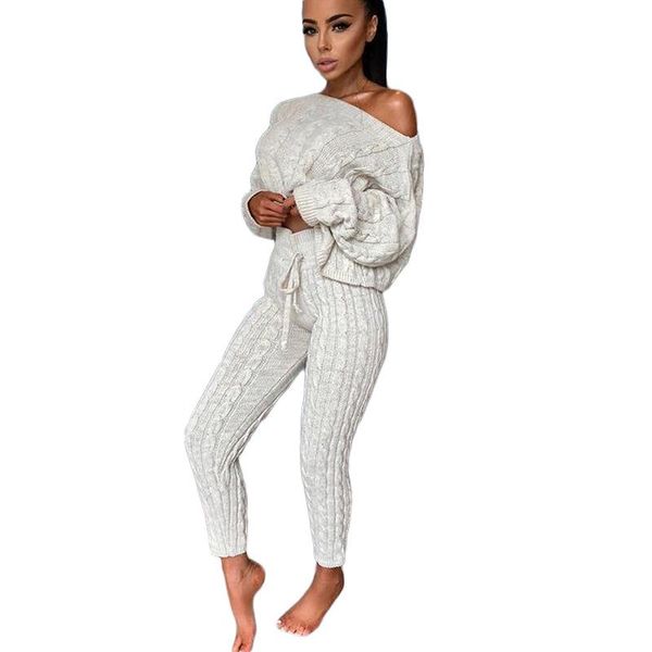 

pants solid long sleeve set autumn winter two piece sweater outfits off shoulder loose aa, White