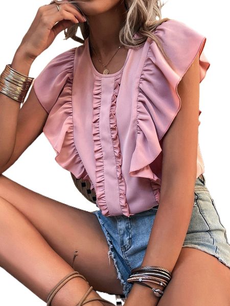 

ruffle trim keyhole back blouse i1f2#, White