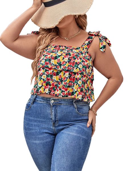 

plus allover floral print tie shoulder tiered layer peplum cami v2iu#, Black