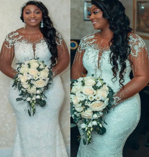 

2022 plus size arabic aso ebi luxurious mermaid lace wedding dress sheer neck long sleeves bridal gowns dress zj858, White