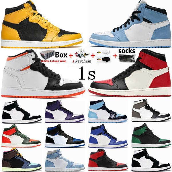 

electro orange og jumpman 1 1s mens basketball shoes pollen obsidian unc hyper royal university blue lucky green bred patent men women, Black