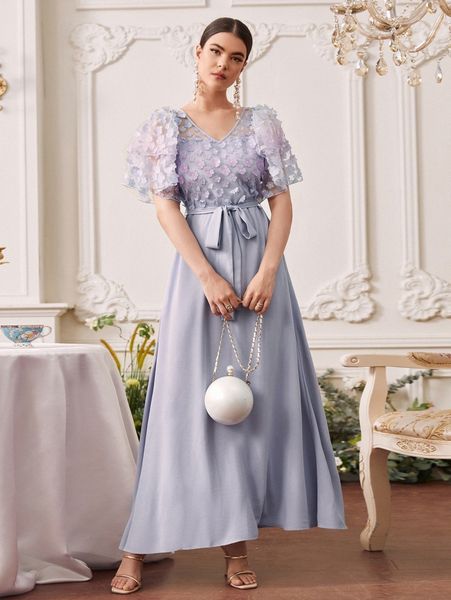 

butterfly sleeve floral applique detail dress 33un#, Black;gray