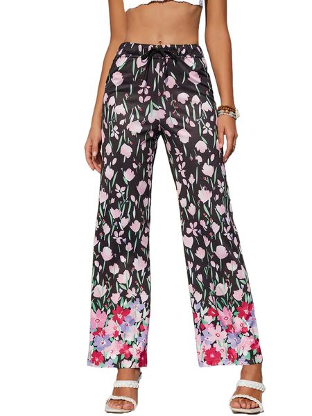 

allover floral print wide leg pants 85aq#, Black;white