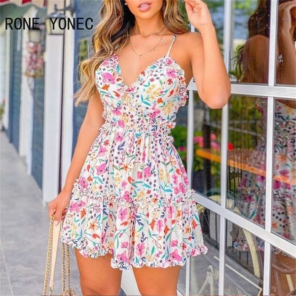 

women spaghetti strap floral print frill hem dress casual mini vacation 220426, Black;gray