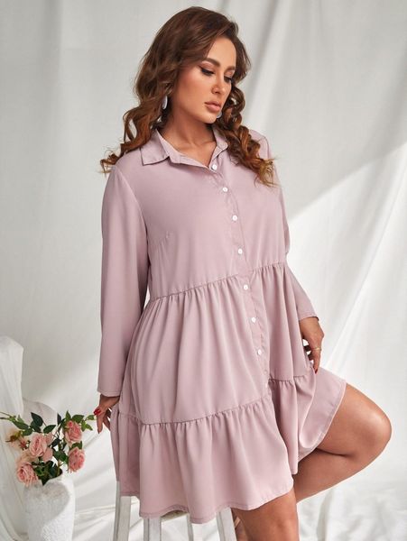 

plus single breasted ruffle hem smock dress 48ys#, Black