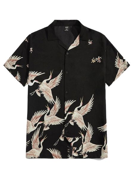 

men crane print shirt s5k3#, White;black