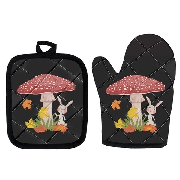 Guanto da forno per microonde Cartoon 3D stampato Isolamento Guanti da cucina Cuoco 2 pezzi Set Guanti da forno Tappetino Accessori per la casa personalizzati D220704