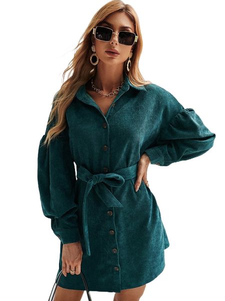 

drop shoulder belted corduroy shirt dress 935f#, Black