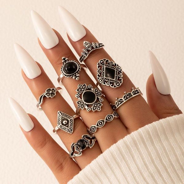 

cluster rings 9pcs/sets vintage silver color geoemtry joint ring sets for women men black dripping oil alloy party jewelry anillo 211, Golden;silver