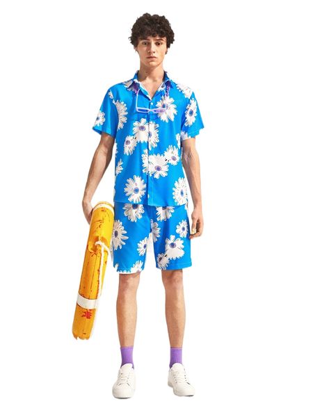 

men random floral print shirt & drawstring waist shorts o56i#, Gray