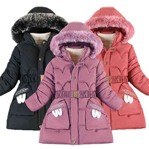 

2022 new winter thick keep warm girls jacket long style plush collar hooded outerwear for girl 4 color children birthday present j220718, Blue;gray
