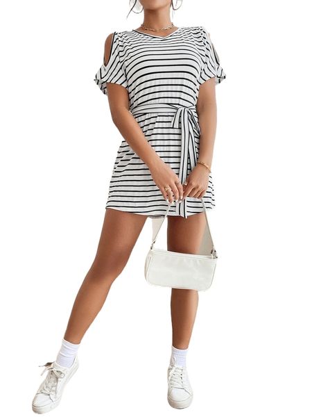 

petite striped belted tee dress f7dz#, Black;gray