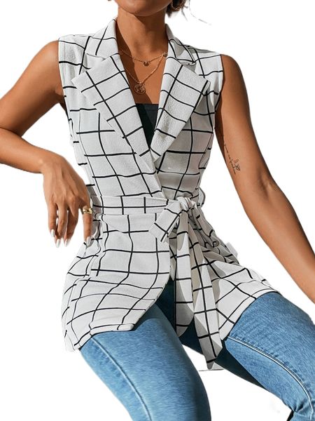 

plaid print lapel neck belted coat v2zc#, Black