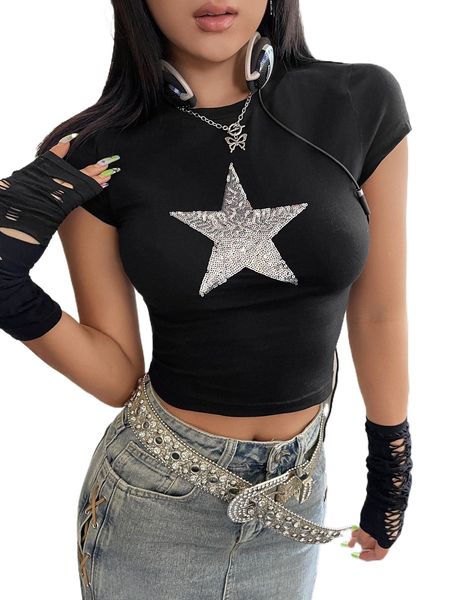 

sequin star pattern crop tee g6d3#, White