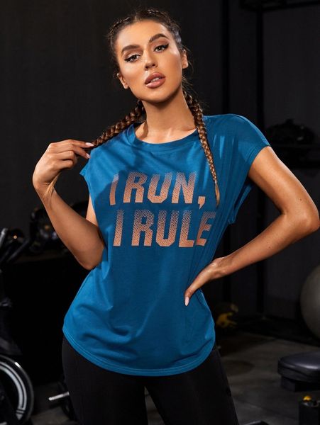 

slogan graphic cap sleeve sports tee m323#, Gray