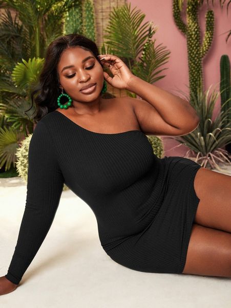 

sxy plus one shoulder split hem bodycon dress 19ly#, Black