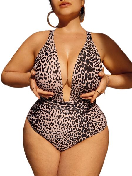 

plus leopard print crisscross backless one piece swimsuit 897j#, White;black