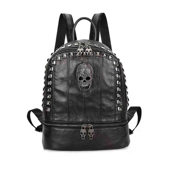 HBP Europäische und amerikanische Mode Casual Lady Ledertasche Persönlichkeit Nieten Schädel Kopf Rucksack Shopping Reisetasche Damen 220810