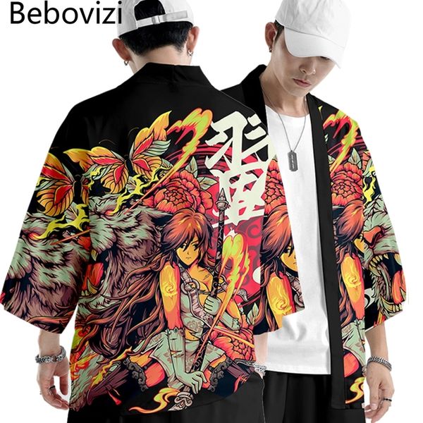 

2022 loose japanese style tiger print kimono streetwear men women cardigan japan samurai anime cosplay haori yukata robe, Red