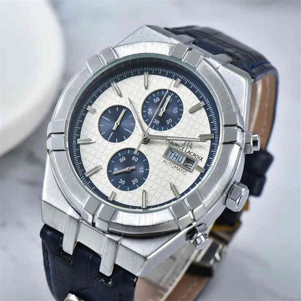 

maurice lacroix luxury multifunction chronograph leather waterproof men's watch fake week true calendar quartz 0214308p, Slivery;brown