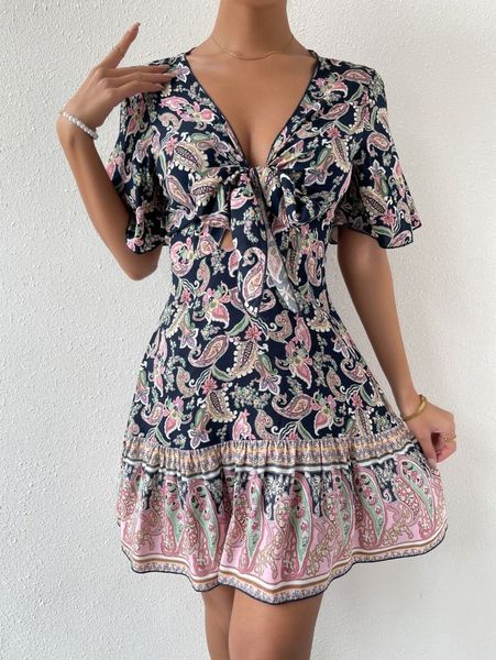 

paisley & floral print tie front flutter sleeve ruffle hem dress t40z#, Black;gray