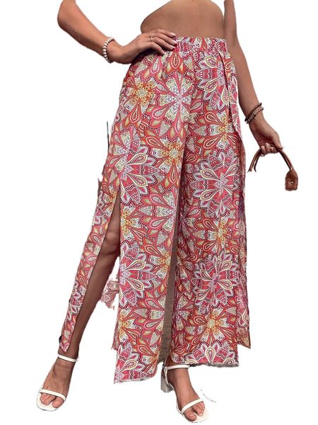 

allover floral print wrap wide leg pants s0tm#, Black;white