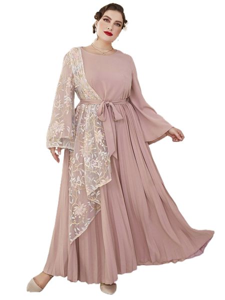 

plus contrast floral embroidery mesh pleated hem belted dress t0vz#, Black