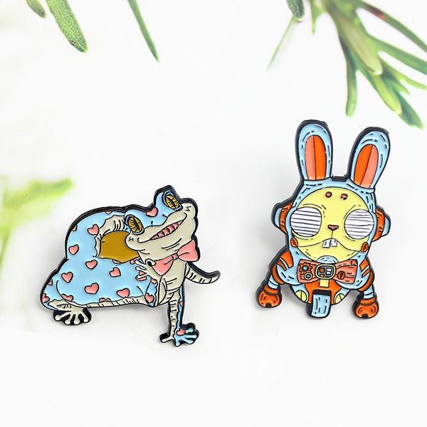 

smart rabbit ear robot car brooches for women alloy animal badges cartoon smiling lizard collar pin denim shirt jewelry gift bag hat clothes, Gray