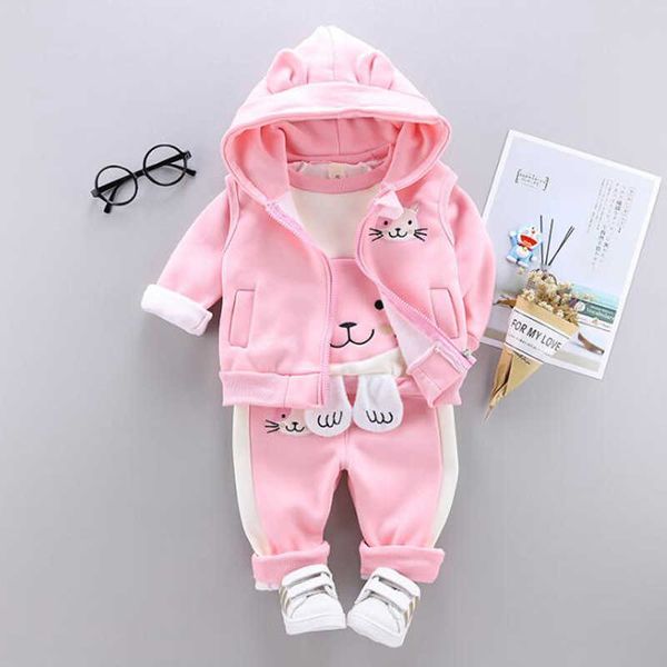 

autumn winter children clothing sets baby girl cartoon thick fleece hoodies vest pants 3pcs sports suits boy casual warm outfit, White