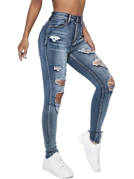 

high waist ripped raw trim skinny jeans j8fh#, Blue