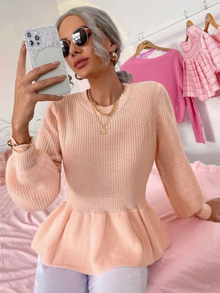 

peplum hem bishop sleeve sweater o177#, White;black