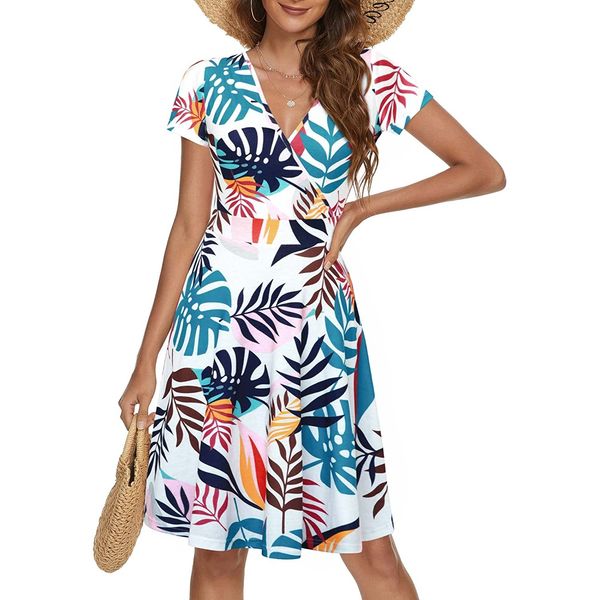

women floral short sleeve v neck maxi dress casual summer hawaiian tank long dress, Black;gray